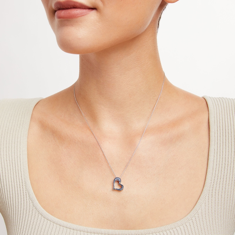 Blue and White Lab-Created Sapphire Reversible Tilted Open Heart Pendant in Sterling Silver