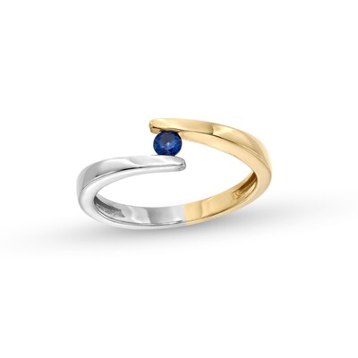 Blue Sapphire Solitaire Bypass Open Shank Ring in 10K Two-Tone Gold