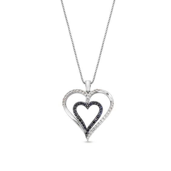 White Lab-Created Sapphire and Black Sapphire Double Heart Pendant in Sterling Silver