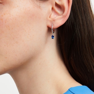 Cushion-Cut Blue and White Lab-Created Sapphire Drop Earrings in Sterling Silver