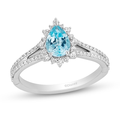 Enchanted Disney Elsa Pear-Shaped Sky Blue Topaz and 0.37 CT. T.W. Diamond Frame Engagement Ring in 14K White Gold