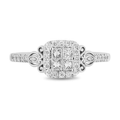 Enchanted Disney Cinderella 0.95 CT. T.W. Quad Princess-Cut Diamond Frame Engagement Ring in 14K White Gold - Size 7