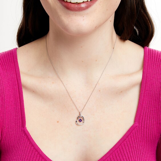 Amethyst and White Lab-Created Sapphire Tilted Heart Pendant in Sterling Silver