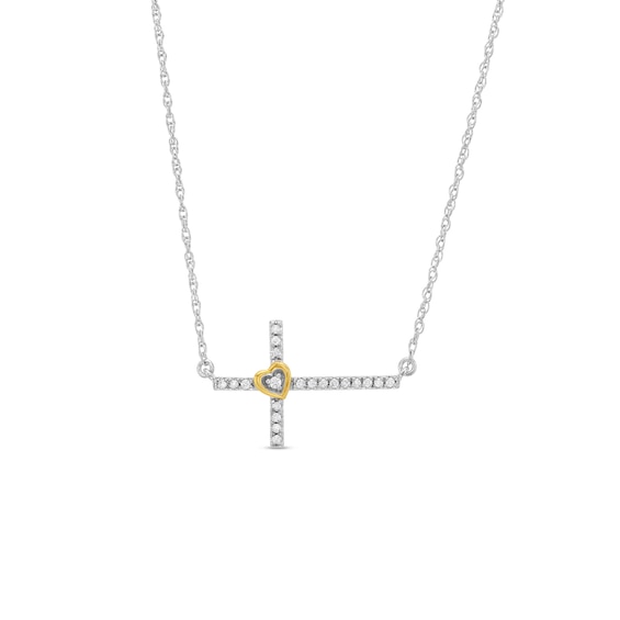 0.08 CT. T.W. Diamond Sideways Cross with Heart Necklace in Sterling Silver and 10K Gold