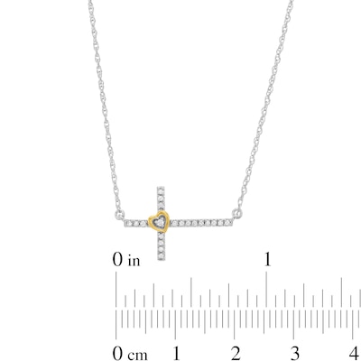 0.08 CT. T.W. Diamond Sideways Cross with Heart Necklace in Sterling Silver and 10K Gold