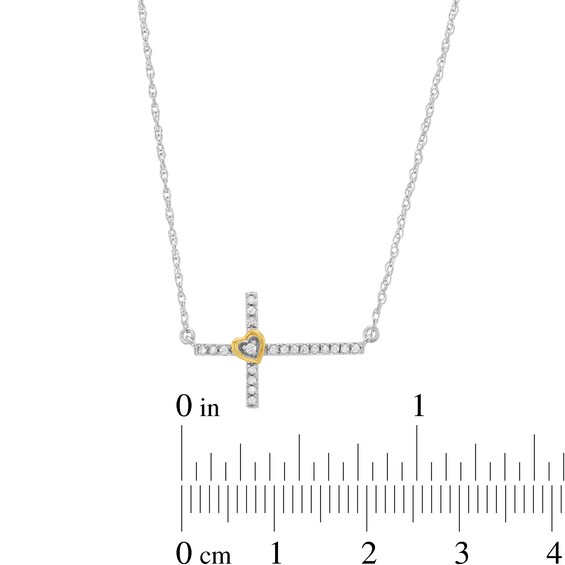 0.08 CT. T.W. Diamond Sideways Cross with Heart Necklace in Sterling Silver and 10K Gold