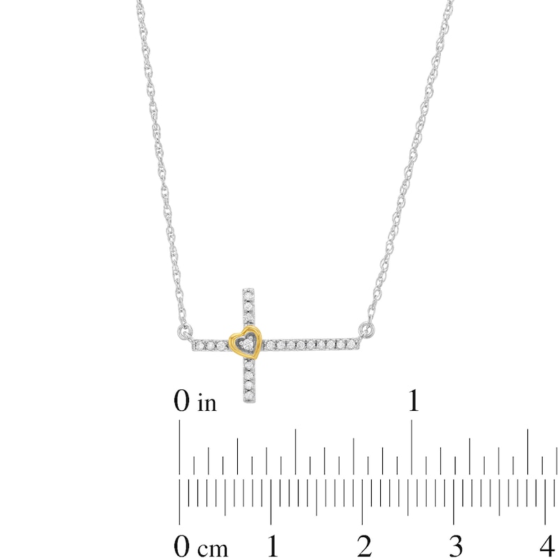 0.08 CT. T.W. Diamond Sideways Cross with Heart Necklace in Sterling Silver and 10K Gold|Peoples Jewellers