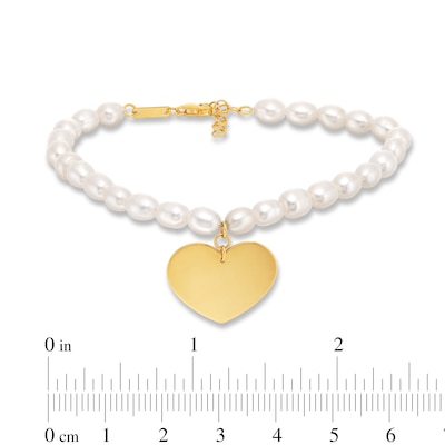 5.5mm Oval Freshwater Cultured Pearl Strand Bracelet with 14K Gold Heart Charm-8"