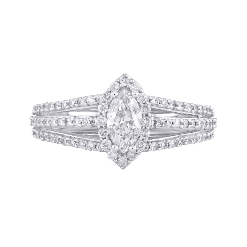 1.15 CT. T.W. Marquise Diamond Frame Split Shank Ring in 14K White Gold