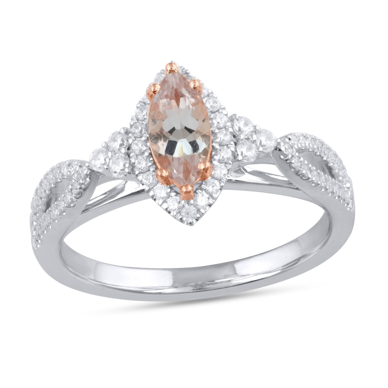 Marquise Morganite and 0.23 CT. T.W. Diamond Frame Split Shank Ring in 14K White Gold|Peoples Jewellers