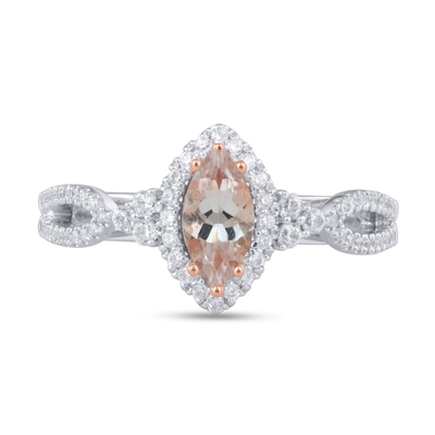 Marquise Morganite and 0.23 CT. T.W. Diamond Frame Split Shank Ring in 14K White Gold