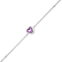6.0mm Heart-Shaped Amethyst Solitaire Chain Bracelet in Sterling Silver - 7.5&quot;