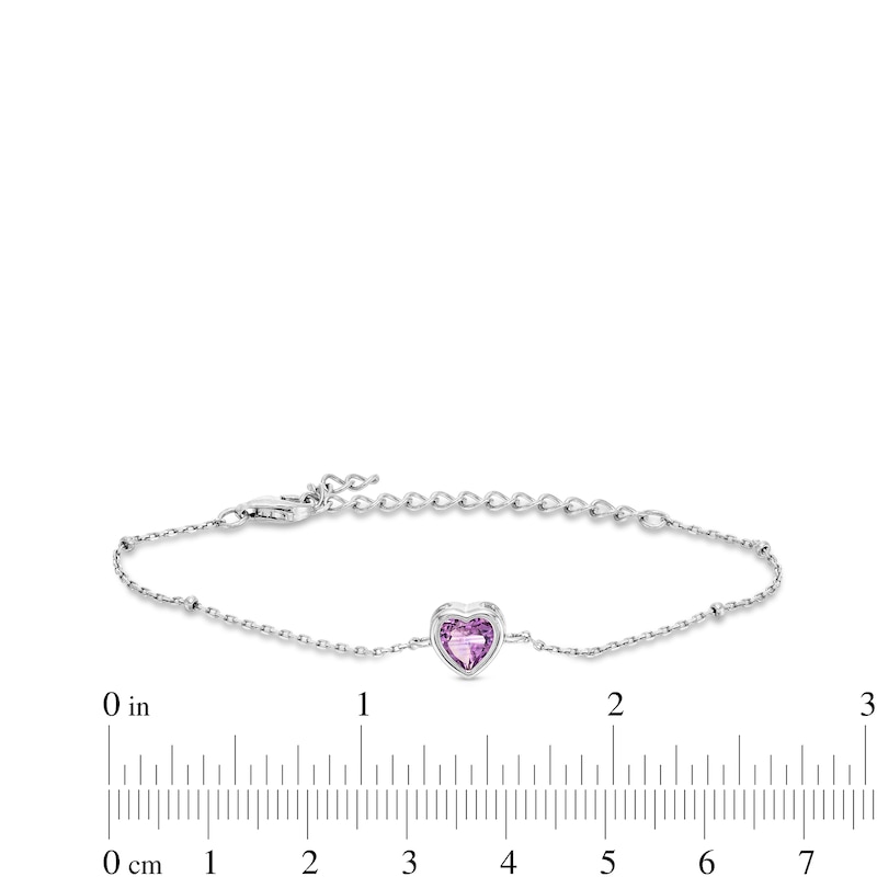 6.0mm Heart-Shaped Amethyst Solitaire Chain Bracelet in Sterling Silver - 7.5"