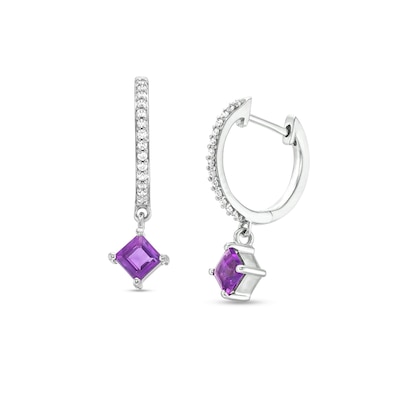 4.0mm Princess-Cut Amethyst and White Lab-Created Sapphire Drop Earrings in Sterling Silver