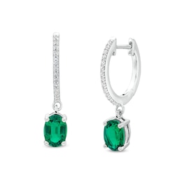 Oval Lab-Created Emerald and White Lab-Created Sapphire Drop Earrings in Sterling Silver