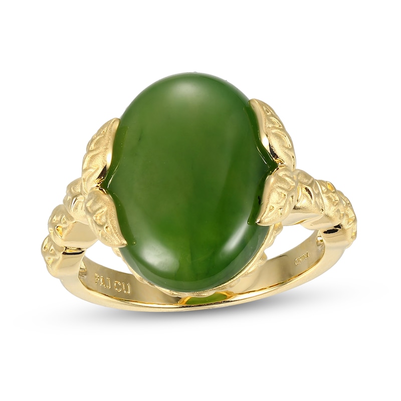 Oval Jade Leaf-Sides Ring in 14K Gold - Size 7