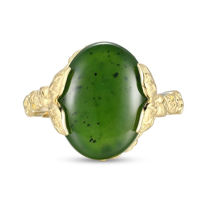 Oval Jade Leaf-Sides Ring in 14K Gold