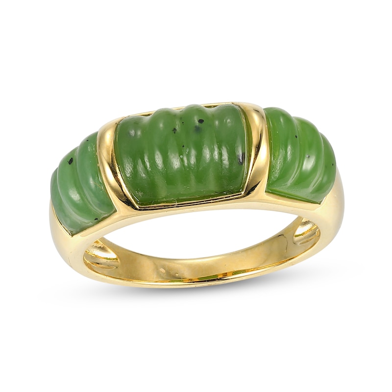 Jade Ribbed Three Stone Ring in 14K Gold - Size 7