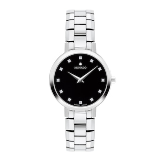 Ladies' Movado Faceto 0.04 CT. T.W. Diamond Watch with Black Dial (Model: 0607866)