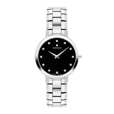 Ladies' Movado Faceto 0.04 CT. T.W. Diamond Watch with Black Dial (Model: 0607866)