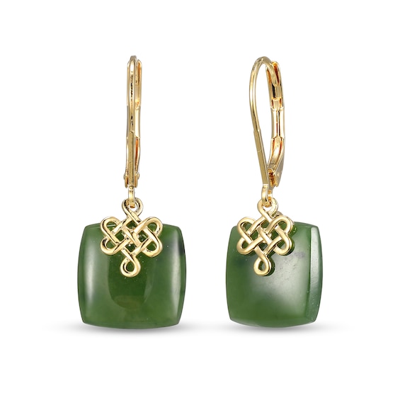 12.0mm Cushion Jade Lucky Knot Drop Earrings in 18K Gold