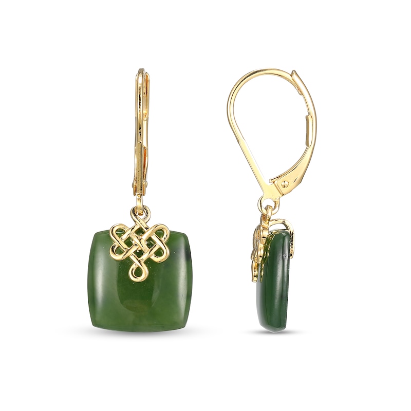 12.0mm Cushion Jade Lucky Knot Drop Earrings in 18K Gold