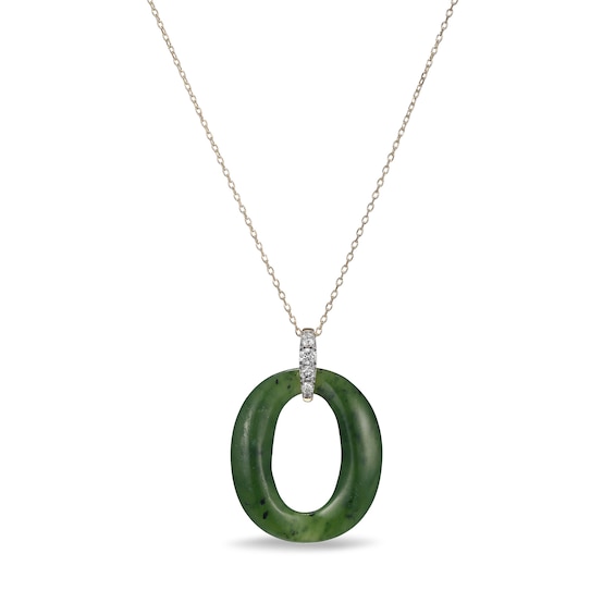 Jade and 0.25 CT. T.W. Diamond Oval Drop Pendant in 18K Gold