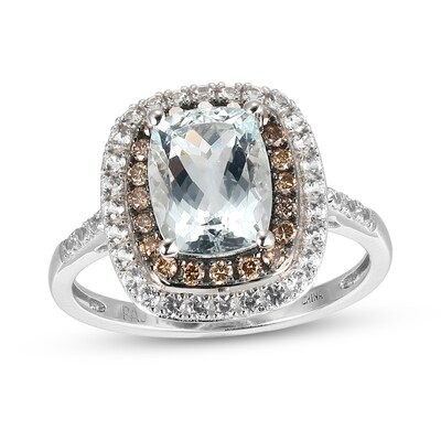 Cushion-Cut Aquamarine, White Lab-Created Sapphire and 0.18 CT. T.W. Brown Diamond Double Frame Ring in 14K White Gold - Size 7