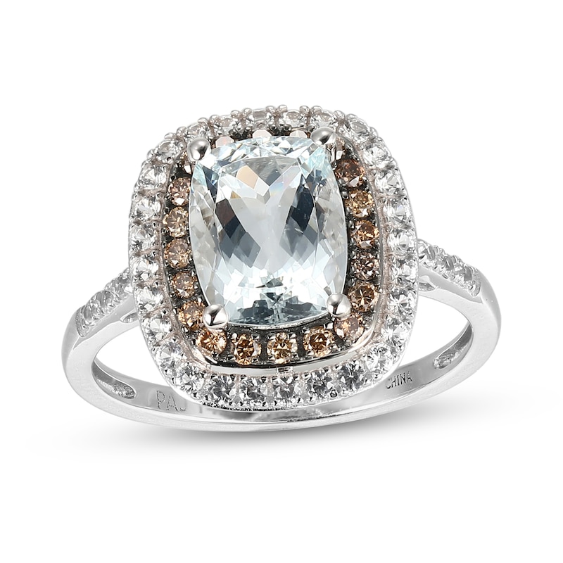Cushion-Cut Aquamarine, White Lab-Created Sapphire and 0.18 CT. T.W. Brown Diamond Double Frame Ring in 14K White Gold - Size 7|Peoples Jewellers