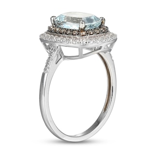 Cushion-Cut Aquamarine, White Lab-Created Sapphire and 0.18 CT. T.W. Brown Diamond Double Frame Ring in 14K White Gold - Size 7