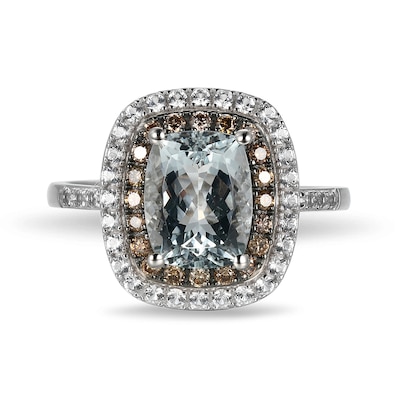 Cushion-Cut Aquamarine, White Lab-Created Sapphire and 0.18 CT. T.W. Brown Diamond Double Frame Ring in 14K White Gold - Size 7