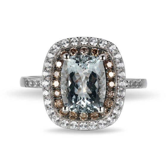 Cushion-Cut Aquamarine, White Lab-Created Sapphire and 0.18 CT. T.W. Brown Diamond Double Frame Ring in 14K White Gold - Size 7