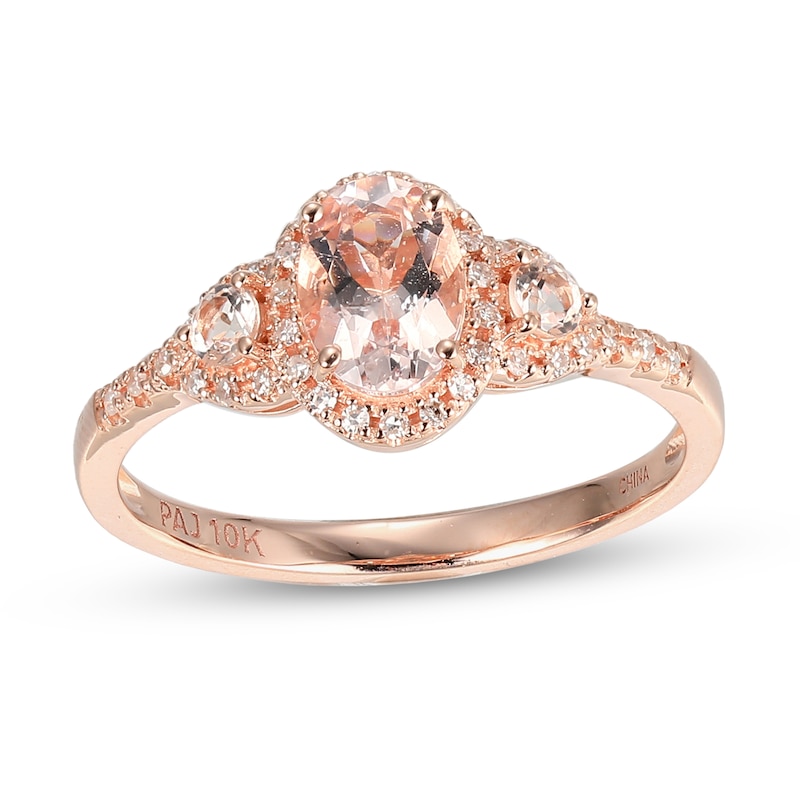 Oval and Round Morganite with 0.086 CT. T.W. Diamond Frame Three Stone Ring in 10K Rose Gold - Size 7|Peoples Jewellers