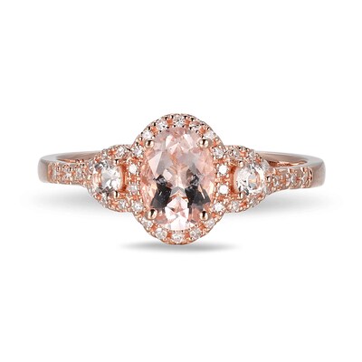 Oval and Round Morganite with 0.086 CT. T.W. Diamond Frame Three Stone Ring in 10K Rose Gold - Size 7