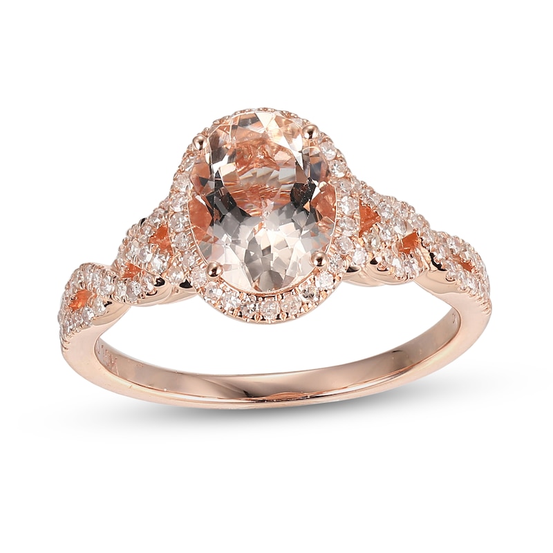 Oval Morganite and 0.29 CT. T.W. Diamond Frame Twist Shank Ring in 10K Rose Gold - Size 7|Peoples Jewellers