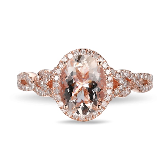 Oval Morganite and 0.29 CT. T.W. Diamond Frame Twist Shank Ring in 10K Rose Gold - Size 7