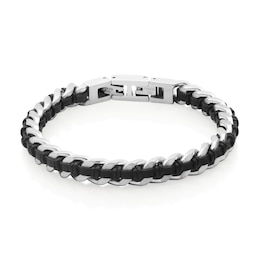 8.0mm Curb Chain Bracelet with Black Leather Woven Inlay in Stainless Steel - 8.5&quot;