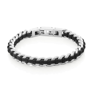 8.0mm Curb Chain Bracelet with Black Leather Woven Inlay in Stainless Steel - 8.5"