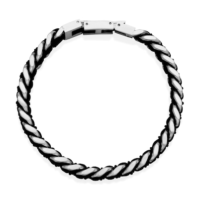 8.0mm Curb Chain Bracelet with Black Leather Woven Inlay in Stainless Steel - 8.5"