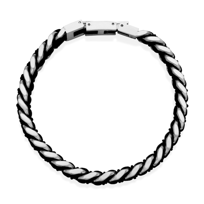 8.0mm Curb Chain Bracelet with Black Leather Woven Inlay in Stainless Steel - 8.5"|Peoples Jewellers