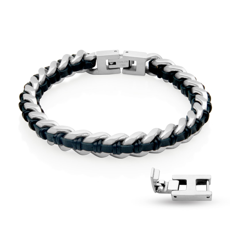 8.0mm Curb Chain Bracelet with Black Leather Woven Inlay in Stainless Steel - 8.5"