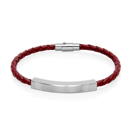 Braided Burgundy Leather Bracelet with ID Bar in Stainless Steel - 8&quot;