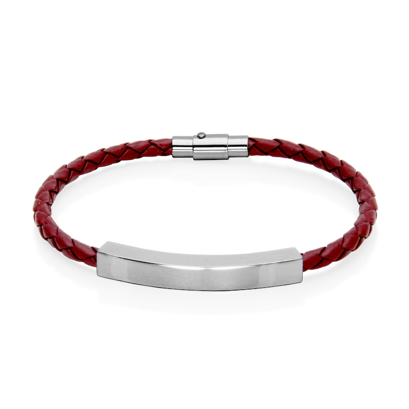 Braided Burgundy Leather Bracelet with ID Bar in Stainless Steel - 8"|Peoples Jewellers