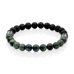 8.0mm Black Lava and Green Chalcedony Bead Half-and-Half Strand Bracelet in Stainless Steel - 8.75&quot;