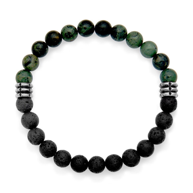 8.0mm Black Lava and Green Chalcedony Bead Half-and-Half Strand Bracelet in Stainless Steel - 8.75"|Peoples Jewellers