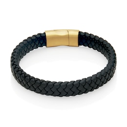 Woven Black Leather Bracelet with Yellow IP Stainless Steel Clasp - 8.5&quot;