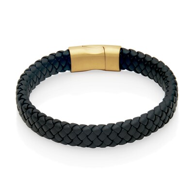 Woven Black Leather Bracelet with Yellow IP Stainless Steel Clasp - 8.5"