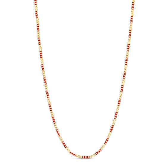 Diamond-Cut and Red Enamel Bead Necklace in Hollow 18K Gold - 16"