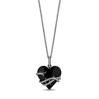 Enchanted Disney Villains Maleficent Black Onyx and 0.0115 CT. T.W. Diamond Heart Pendant in Sterling Silver - 19”