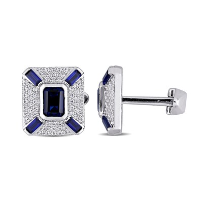 Lab-Created Sapphire White Lab-Created Sapphire Art Deco Style Cuff Links in Sterling Silver